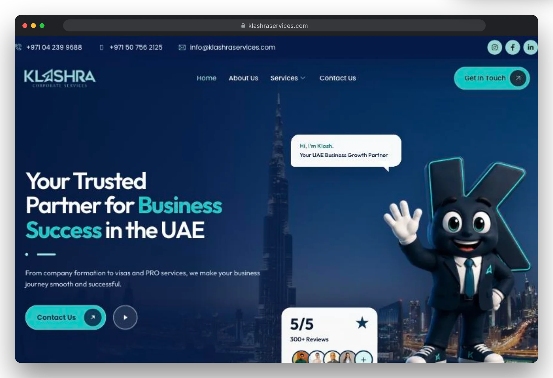 klashraservices.com in a desktop browser